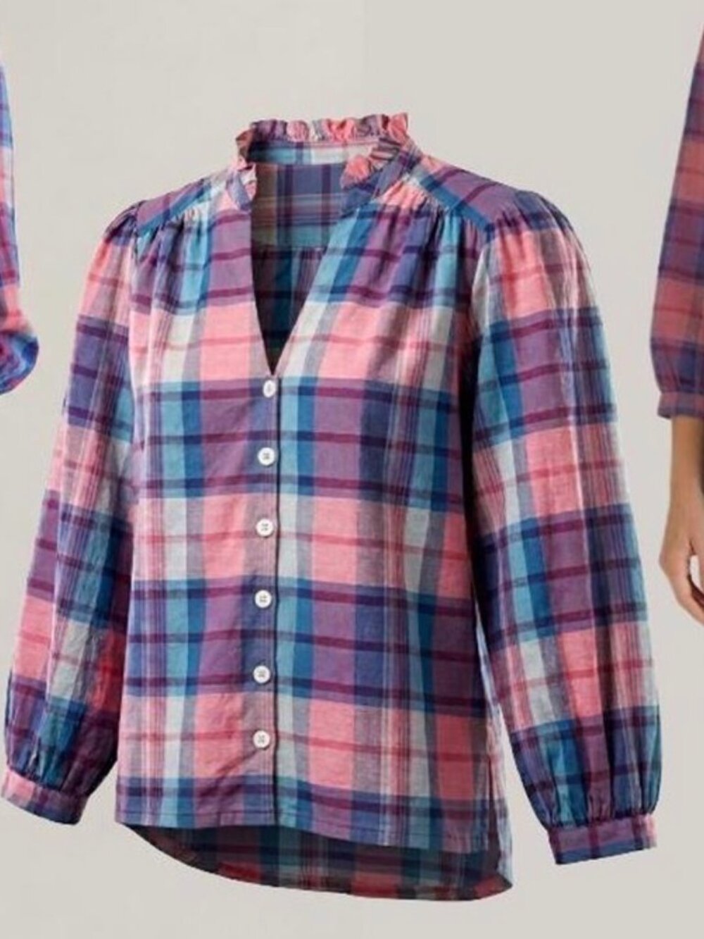 Trovata Plaid Ruffle Detail Long Sleeve Blouse - Picture 2 of 4